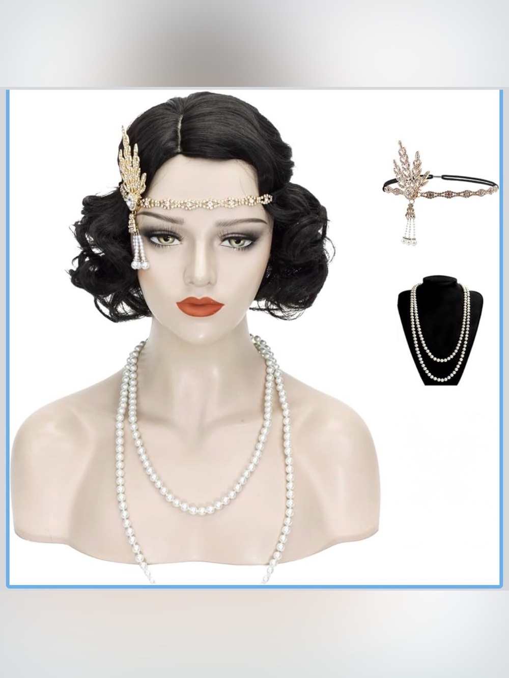 1920s Finger Wave Black Vintage Flapper Wig with Headband Necklace Earrings